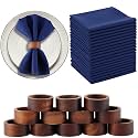 Preboun Set of 12 Navy Blue Cloth Napkins and Rings 18 x 18 Inch Blue Buffalo Plaid Cloth Napkins Wood Rings for Christmas Winter Thanksgiving Merry Xmas Holiday Party Daily Dinner Table Decoration