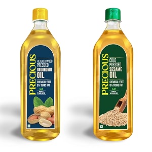 precious pure amp natural cooking oil combo - your key to a healthy lifestyle wood pressed groundnut oil and cold pressed sesame oil - chemical-free  0 transfat  fitness enthusiasts and health-conscious individuals  1l each