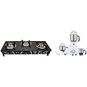 Preethi Blue Leaf Diamond Mixer Grinder, 750W, 3 Jars (Blue/White) and GTS124 Zeal Glass Top 3 Burner Gas Stove, Manual Ignition, Black
