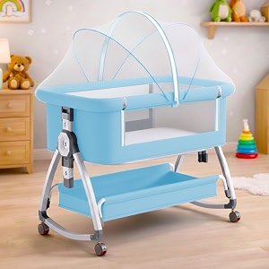 premium 6-in-1 baby bedside cot crib cradle portable all-mesh bassinet with multi-purpose traywheels storage basket and 6 height adjustments easy assembly for newborns- skyblue