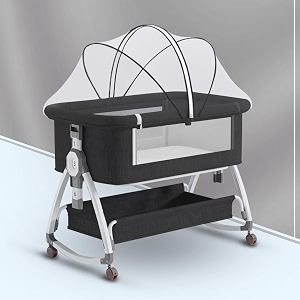 premium 6-in-1 baby bedside cot crib cradle portable all-mesh bassinet with multi-purpose traywheels storage basket and 6 height adjustments easy assembly for newborns- charcoal grey
