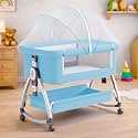 Premium 6-in-1 Baby Bedside Cot, Crib, Cradle Portable All-Mesh Bassinet with Multi-Purpose Tray,Wheels, Storage Basket, and 6 Height Adjustments, Easy Assembly for Newborns- SkyBlue