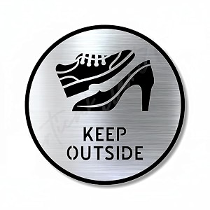 premium brushed silver finish acrylic keep shoes outside door sign  self adhesive easy mount plate  office hotel resort society corporate business room signage