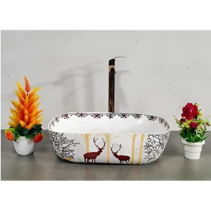 premium designer glossy finish table top ceramic wash basin vessel sink with slim rim  wash basin  wash basin for bathroom  animal printed 18 x 13 x 55 inch red
