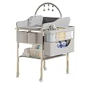 Diaper Changing Station Cum Baby Changing Table with Lockable Wheels, Storage Baskets & Waterproof Pad – Portable Nursery Organizer, High Carbon Steel Frame, Hanging Toy Arch (Grey)