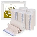 Premium Elastic Bandage Wrap (4" 6 Pack) - Hook &amp; Loop Fasteners at Both Ends - Latex Free Hypoallergenic Compression Roll - Reusable Bandages for Waist, Legs, Elbow &amp; Knee Wrap