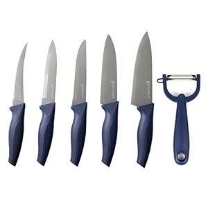 premium kitchen knife set of 6 peeler tomato utility vegetable regular and large chef knives  stainless steel knife for kitchen use  sharp  durable  kitchen knives chaku dark blue