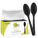 Premium Quality100% Biodegradable Black Spoons Made of Vegetable Fibers, 100 PCS of 6.7” Long Heavy-Duty and Splinter Free Eco-Friendly Spoons, Perfect Sustainable Cutlery for All Types of Occasions
