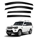 Premium Smoke Car Door Visor Front+Rear Sun/Rain Guard Outside Mount Tape-On Window Visors Compatible with Mahin-dra Scorpio (2025-2026)
