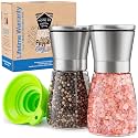 Premium Stainless Steel Salt and Pepper Grinder Set of 2 - Adjustable Ceramic Sea Salt Grinder & Pepper Grinder - Short Glass Salt and Pepper Shakers - Pepper Mill & Salt Mill with Free Funnel & EBook