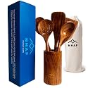 Premium Teak Healthy Spoons, Durable Eco-friendly Spatula, Wooden Utensils Set with Holder & Canvas Bag, Wooden Cooking Gifts for Mom