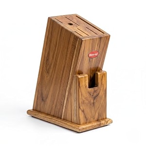 premium teak wood knife stand - universal wooden knife block for kitchen countertop storage - naturally water resistant non-slip base with scissor slot amp drainage system teak wood