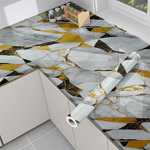 premium vinyl marble peel and stick wall diy waterproof wallpaper for home kitchen countertop cabinet furniture oil proof kitchen stickers60x200cm gt-new desing white gold blocks