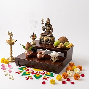 premium wooden two-tier puja chowki for home temple tiered mandir stand riser for idols amp accessories compact step design brown item size- 30x25x8 cm
