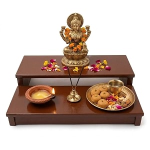 premium wooden two-tier puja chowki for home temple tiered mandir stand riser for idols amp accessories compact step design brown item size- 40x25x8 cm