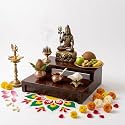Premium Wooden Two-Tier Puja Chowki for Home Temple, Tiered Mandir Stand Riser for Idols &amp; Accessories, Compact Step Design, Brown, Item Size- 30x25x8 cm