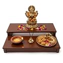Premium Wooden Two-Tier Puja Chowki for Home Temple, Tiered Mandir Stand Riser for Idols &amp; Accessories, Compact Step Design, Brown, Item Size- 40x25x8 cm|