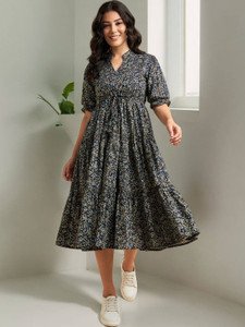 presha women fit and flare multicolor below knee dress