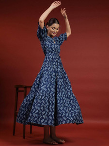 presha women fit and flare blue below knee dress