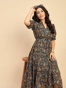 presha women fit and flare multicolor below knee dress