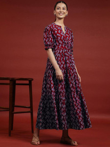 presha women fit and flare maroon beige below knee dress
