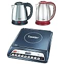 Prestige Electric Kettle PKOSS - 1500 Watts, Steel (1.5 Litre), Black &amp; PIC 20 1600 Watts Induction Cooktop (Black) &amp; Prestige 1.5 Litre Kettle 1500 Watts, Red