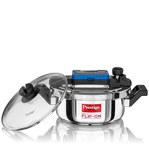 prestige 3litre stainless steel flip on pressure cooker with glass liddeep lid for spillage controlinnovative lock lid with single hand operationgas amp induction compatible5y warrantyisi certified