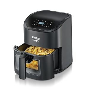 prestige crysta electric digital airfryer 45l basket 1600wtouch panel with 9 preset menusee-through window with 25w lampfood grade oil brushtime amp temperature controlsafety interlockingblack