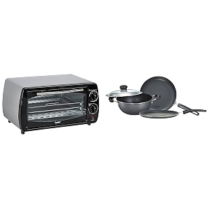 prestige omega select plus residue free non-stick kitchen set 3-pieces  potg 9 pc 800-watt oven toaster grill grey