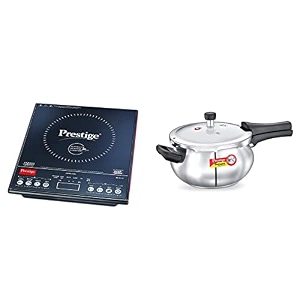 prestige pic 31 v3 2000-watt induction cooktop with touch panel black and deluxe alpha stainless steel junior handi 44 litres silver combo