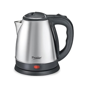 prestige 15l pkoss stainless steel electric kettle  1350 watts elegant design  cool-touch handle and lid  automatic cut-off and single-touch lid locking  black  1y warranty  isi certified