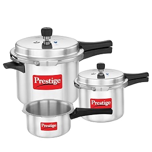 Prestige 2 Litre + 3 Litre + 5 Litre Aluminium Popular Max Outer Lid Pressure Cooker Combo with 2 Lids | Gas & Induction Compatible | Visual Pressure 