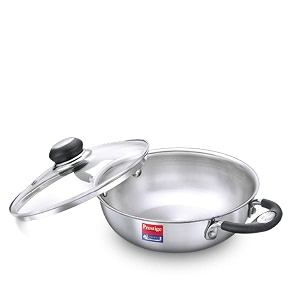 prestige 22cm21l tri-ply stainless steel splendor kadai with lid gas amp induction compatible even heat distribution strong and durable perma-cool handles