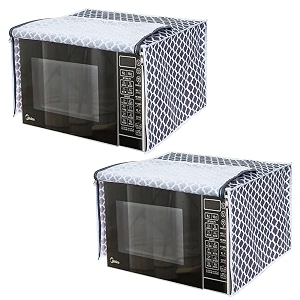 prettykrafts microwave oven cover for 23 litre dust oil proof cloth with storage pockets cotton linen kitchen toaster appliance protector - set of 2qtr grey