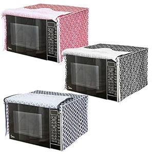 pretty krafts microwave oven cover for 23 litre dust oil proof cloth with storage pockets cotton linen kitchen toaster appliance protector - set of 3qtr grey and diamond redblack