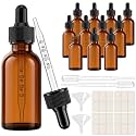 PrettyCare 12 Pack 2 oz Amber Glass Dropper Bottles with Graduated Scale, Thick Tincture Bottles for Essential Oils, Hair Oil & Perfume - Refillable Travel Containers with Silicone Tip