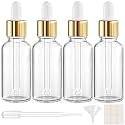 PrettyCare 2 oz Dropper Bottles, 4 Pack Clear Glass Bottles 60ml with Golden Caps, 12 Labels, Funnel &amp; Measured Pipettes-Empty Tincture for Essential Oils &amp; Skincare