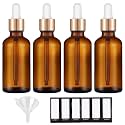 PrettyCare 2 oz Dropper Bottles, 4 Pack Amber Glass Bottles 60ml with Golden Caps, 12 Labels, Funnel &amp; Measured Pipettes-Empty Tincture for Essential Oils &amp; Skincare