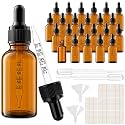 PrettyCare 24 Pack 1 oz Amber Dropper Bottles Bulk with Black Cap, 30ml Glass Eye Dropper Bottles with Funnel & Labels - Leakproof for Essential Oils, Small Business & Workshop