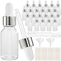 PrettyCare 24 pcs，Eye Dropper Bottle 0.5 oz（ 15 ml Frosted Glass Bottles with Silver Caps, 2 Extra Measured Pipettes, 48 Labels, 2 Funnels Empty Tincture Bottles for Essential Oils