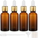 PrettyCare 4 Pack 1oz Dropper Bottle for Essential Oils, 30 ml Amber Glass Essential Oils Bottles with Labels, Funnels- Empty Leak Proof Tincture Bottles for Comestic &amp; Beauty