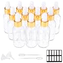 PrettyCare Eye Dropper Bottle 1 oz (12 Pack Clear Glass Bottles 30ml with Golden Caps, 2 Extra Measured Pipettes, 48 Labels, 2 Funnels) Empty Tincture Bottles for Essential Oils, Perfume