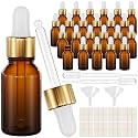 PrettyCare Glass Eye Dropper Bottles 24 Pack, 0.5oz (15ml) Small Amber Empty Thick Bottles with Leakproof Golden Caps - With Labels & Funnels for Storage, Travel, Essential Oils, Tinctures
