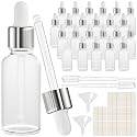 PrettyCare Glass Eye Dropper Bottles 24 Pack, 1oz (30ml) Frosted Empty Thick Bottles Bulk with Leakproof Silver Caps - With Labels &amp; Funnels for Storage, Travel, Essential Oils, Cuticle, Tinctures