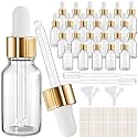 PrettyCare Glass Eye Dropper Bottles 24 Pack, 0.5oz (15ml) Clear Empty Thick Bottles Bulk with Leakproof Golden Caps - With Labels &amp; Funnels for Storage, Travel, Essential Oils, Cuticle, Tinctures