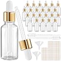 PrettyCare Glass Eye Dropper Bottles 24 Pack, 1oz (30ml) Clear Empty Thick Bottles Bulk with Leakproof Golden Caps - With Labels &amp; Funnels for Storage, Travel, Essential Oils, Cuticle Oils, Tinctures