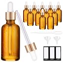 PrettyCare Glass Eye Dropper Bottles 2oz (60ml), 12 Pcs Amber Empty Thick Bottles Bulk with Leakproof Golden Caps - With Labels & Funnels for for Storage, Travel,Essential Oils, DIY Serums, Tincture