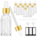 PrettyCare Glass Eye Dropper Bottles 2oz (60ml), 12 Pcs Clear Empty Thick Bottles Bulk with Leakproof Golden Caps - With Labels & Funnels for for Storage, Travel,Essential Oils, DIY Serums, Tincture