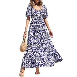 PRETTYGARDEN Puff Short Sleeve Cewneck Floral Long