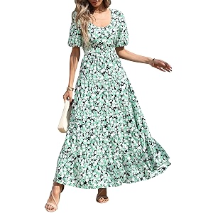 PRETTYGARDEN Puff Short Sleeve Cewneck Floral Long